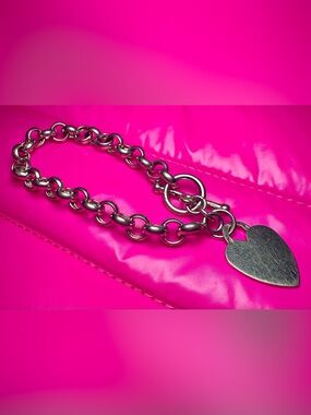 Vintage Italian 925 Sterling Silver Chunky Heart Toggle Bracelet 7”
